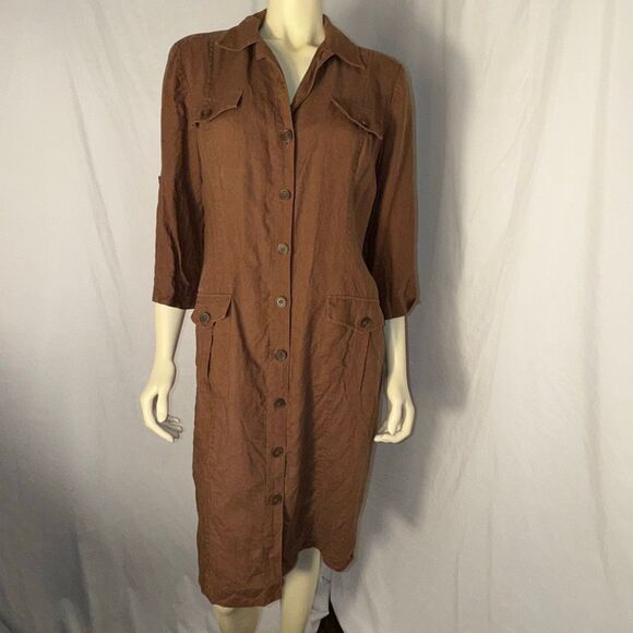Vintage Maggy Linen Button-Front Utility Shirt Dress/Duster – Chestnut Brown, Si - Picture 3 of 13